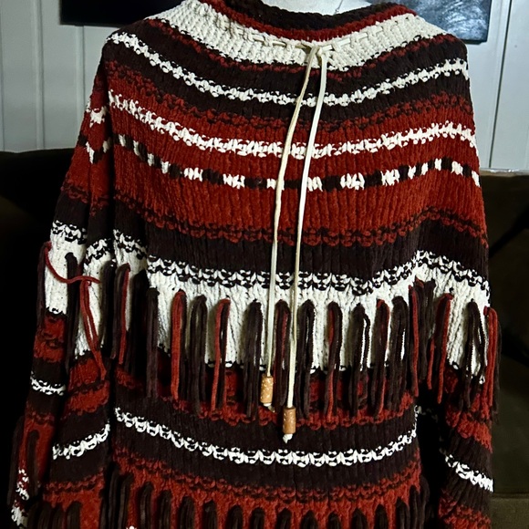 Vintage • Southwestern• Alpaca Fabric • Brown/Beige • One Size • Fringe • Poncho - Picture 4 of 14